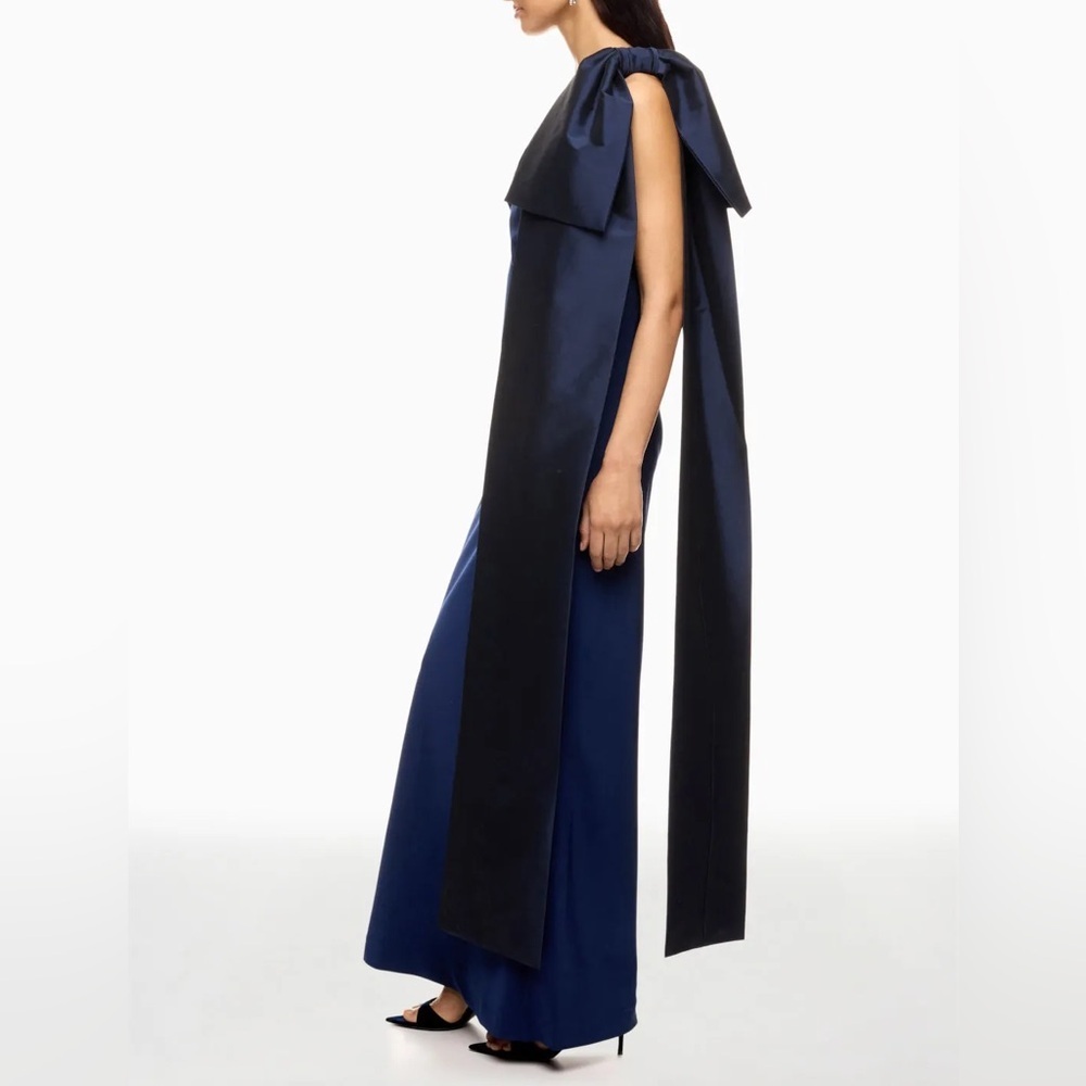 NWT Bernadette Adrian One Shoulder Navy Maxi Gown 36 Statement Bow Evening Dress - Picture 3 of 10